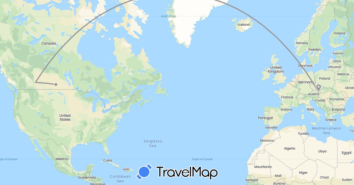 TravelMap itinerary: driving, plane in Austria, Canada (Europe, North America)
